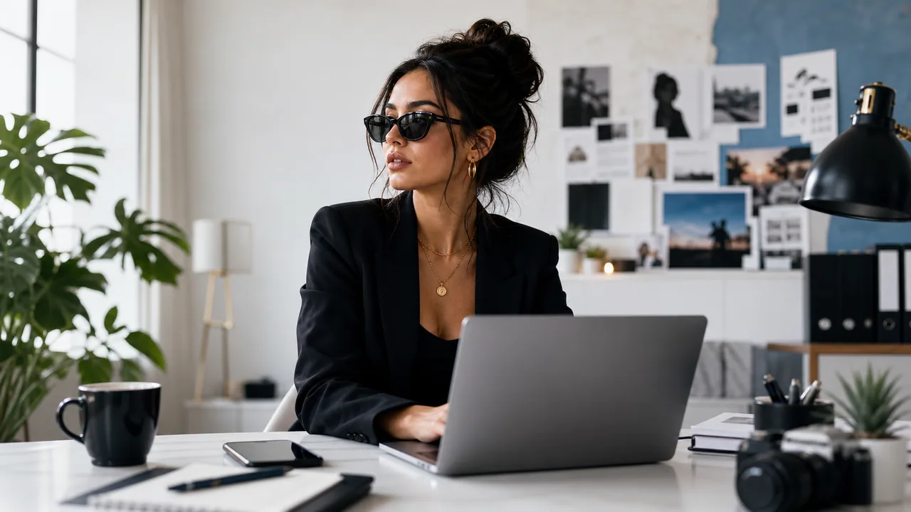 Creator business workspace with laptop analytics, phone, and planning materials